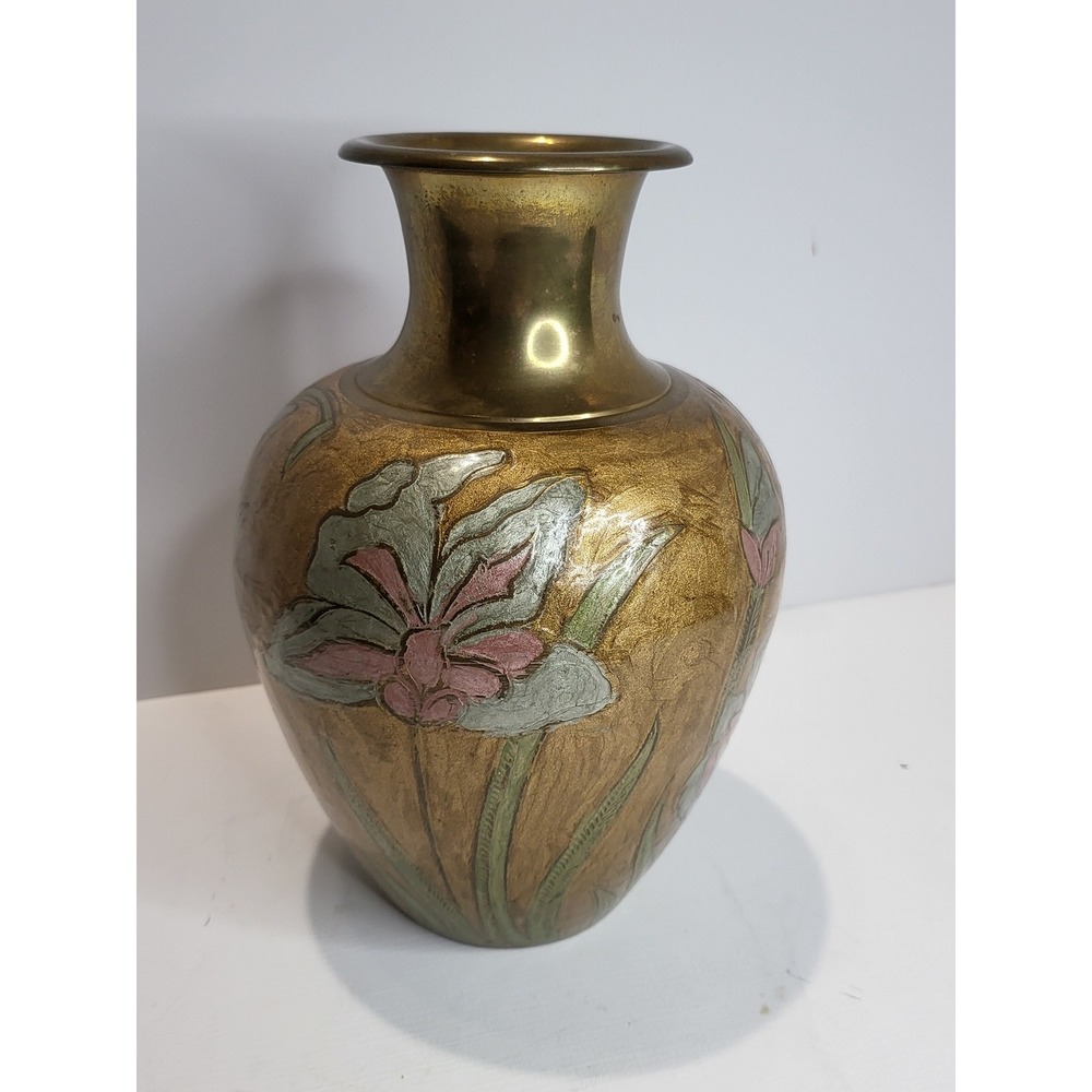 Vintage Brass Floral Vase Hand Painted Enamel Etched Made in India Boho Decor - Picture 4 of 10